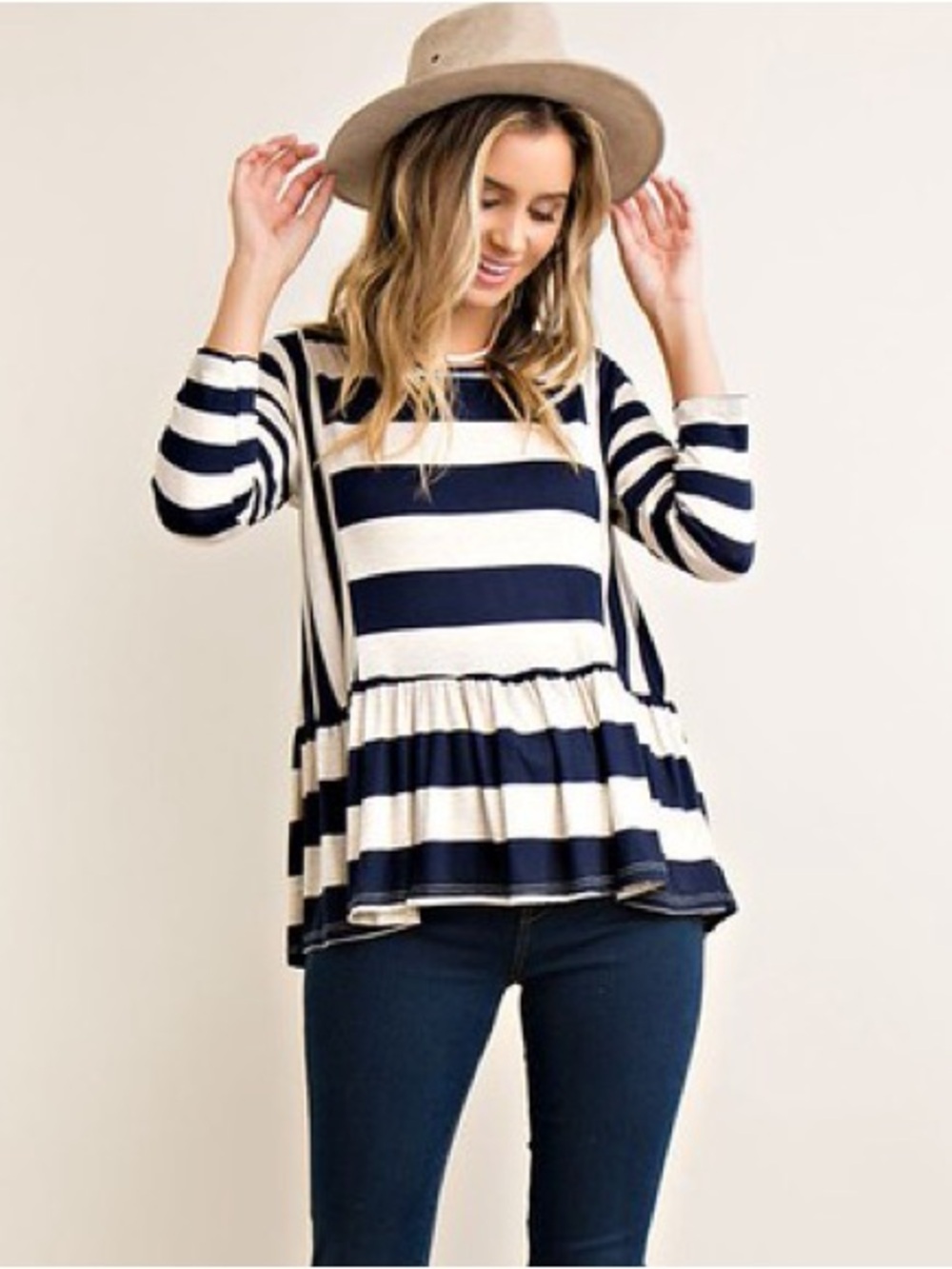 Entro Striped Peplum 3/4 SleeveTop - Navy & Heathered Cream Sz Sm